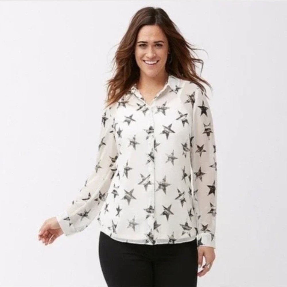 Lane‎ Bryant Distressed Star Sheer Button Down Shirt Long Back Size 18/20